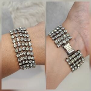 Vintage 4 Row Rhinestone Bracelet Silver Tone Wide Cuff Art Deco Revival Costume